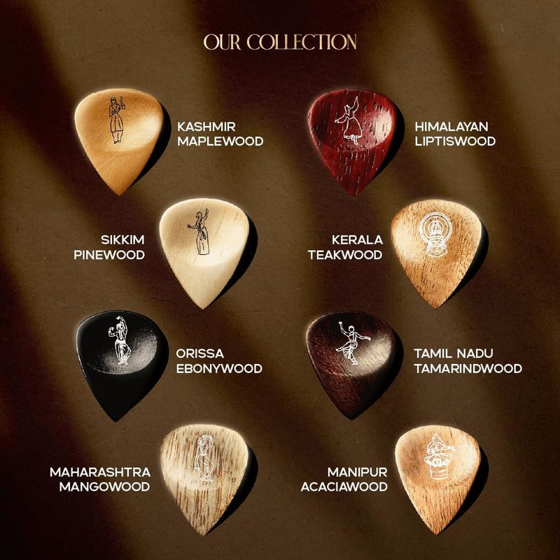 Kadence Heritage Wooden Guitar Picks – Set of 8 Handmade Picks with Indian State Woods & Art – Includes Maplewood, Teakwood, Ebonywood – For Acoustic & Electric Guitars - Image 4