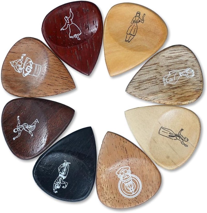 Kadence Heritage Wooden Guitar Picks – Set of 8 Handmade Picks with Indian State Woods & Art – Includes Maplewood, Teakwood, Ebonywood – For Acoustic & Electric Guitars - Image 3