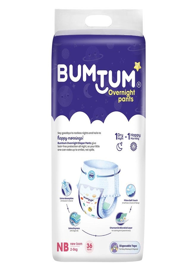 Bumtum Baby Overnight Diaper Pants - Size NB (2-5 kg), 36 Count | All night Absorption with Pillow Soft Comfort | No Leak | 100% Rashfree | With soothing Chamomile Microbial Layer | Pack of 1 - Image 3