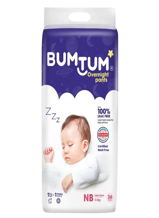 Bumtum Baby Overnight Diaper Pants - Size NB (2-5 kg), 36 Count | All night Absorption with Pillow Soft Comfort | No Leak | 100% Rashfree | With soothing Chamomile Microbial Layer | Pack of 1 - Image 1