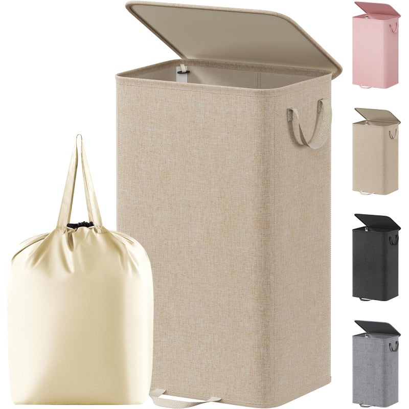 Lifewit Single Laundry Hamper with Lid and Removable Laundry Bags, Large Collapsible 1 Dividers Dirty Clothes Basket with Handles for Bedroom Laundry Room Closet Bathroom College, 100L Beige - Image 1