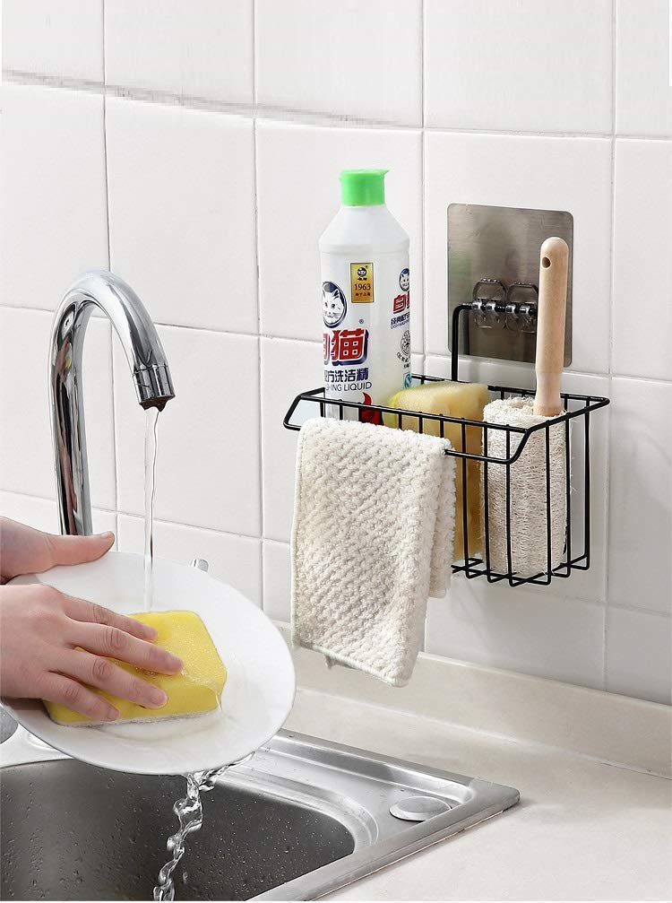 Rexmon Rexmon Sink Caddy Organizer Metal Iron Sponge Holder Rack Drain Rack Basket for Kitchen Brush Soap DishWashing Liquid Towel Rack Shampoo Bottle Stand for Bathroom Black - Image 1