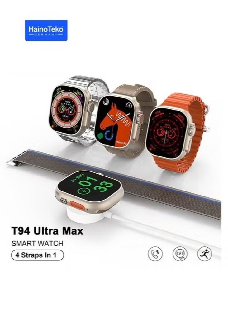 Haino Teko Full Screen Smart Watch T94 Ultra HD with 4 Interchangeable Straps & Wireless Charger – Fitness Tracker, Heart Rate Monitor, Sports Modes, Long Battery Life, Water Resistant – For Men - Image 2