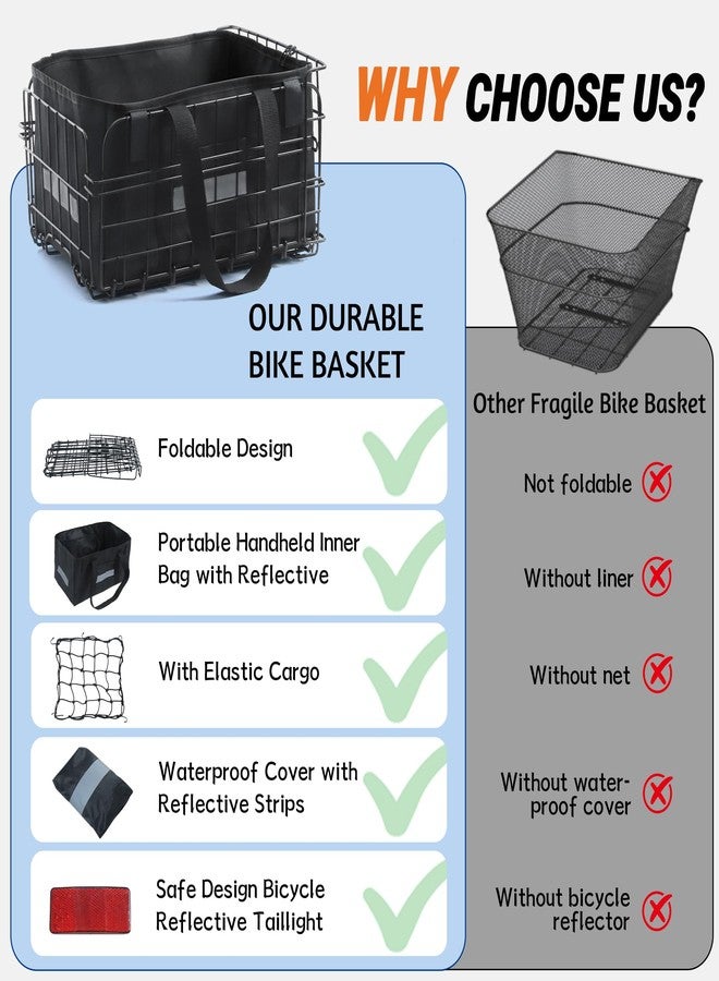 Wdmiya Bike Basket Rear, Foldable Ebike Rear Basket & Bicycle Basket with Quick Release, Rain Cover, Cargo Net, Carry Bag & Reflective Strips, Large Bike Rack Basket for Grocery, Camping, Commuting - Image 4
