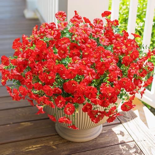HyeFlora Artificial Flowers for Outdoors Fake Plants Outside Decoration 12 Bundles Silk Red Morning Glory UV Resistant Look Real Faux Flowers for Planter Front Door Porch Patio Yard Gardens Balcony - Image 1