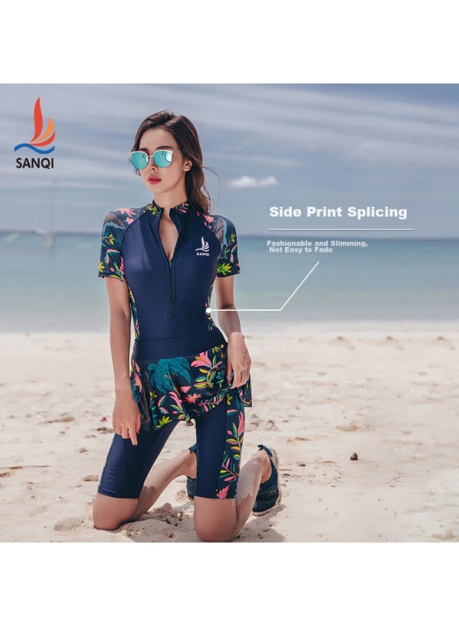 Sanqi One-piece Swimsuit For Women, Dress-style With Boy Shorts, Conservative, Slimming, Athletic, Plus Size, Hot Spring Swimwear, 18076 Navy Blue, Xxxl - Image 5