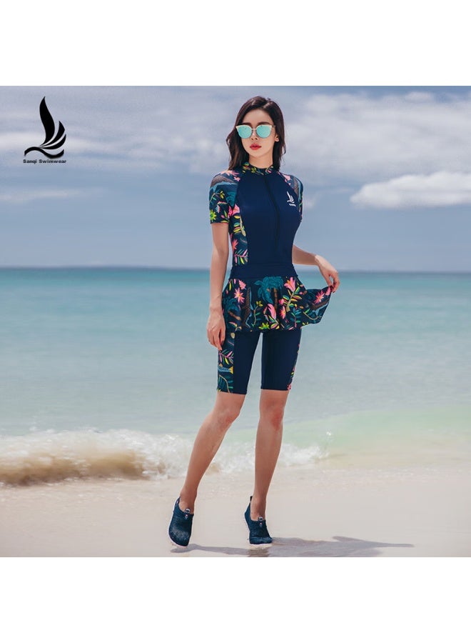 Sanqi One-piece Swimsuit For Women, Dress-style With Boy Shorts, Conservative, Slimming, Athletic, Plus Size, Hot Spring Swimwear, 18076 Navy Blue, Xxxl - Image 3
