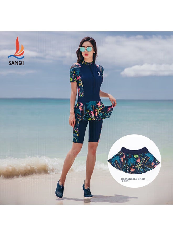 Sanqi One-piece Swimsuit For Women, Dress-style With Boy Shorts, Conservative, Slimming, Athletic, Plus Size, Hot Spring Swimwear, 18076 Navy Blue, Xxxl - Image 2
