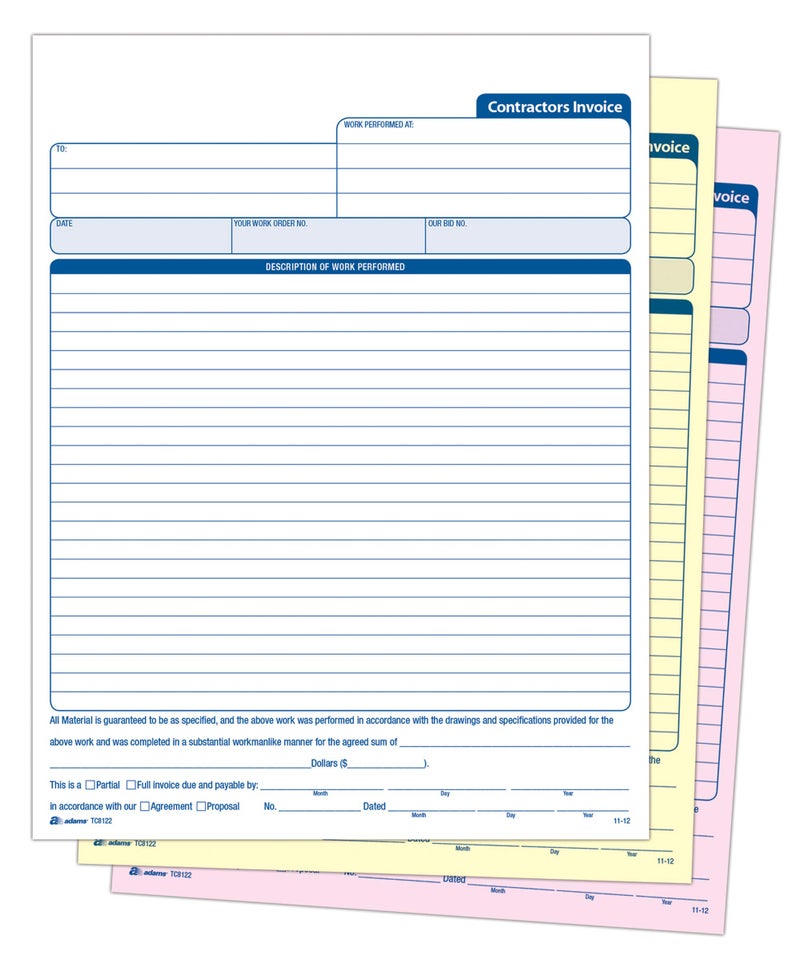 Adams Contractorâ€™s Invoice Book, 3-Part, 50 Sets per Book, 50 Pages (ABFTC8122) - Image 1