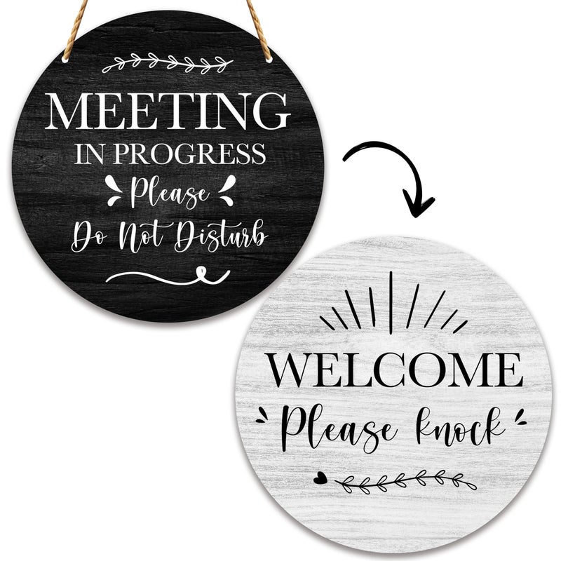 YQV Do Not Disturb Door Hanger Sign, Funny Office Decor Meeting in Progress, Double Sided Welcome Door Sign for Cubicle Decor, 10 In Round Wooden Plaque -YMA03 - Image 1