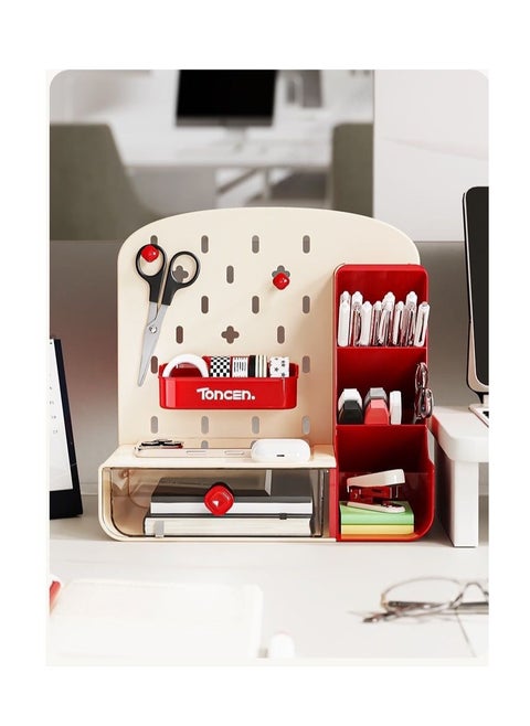 Trendy Multifunctional Desktop Organizer | Pegboard Hanging Design + Open Shelves & Drawers | Pen Holder, Makeup Cosmetics & Stationery Storage | Perfect for Bedroom Desks, Vanity Tables & Study Spaces | Space-Saving Solution for Dorms & Small Rooms（Red）