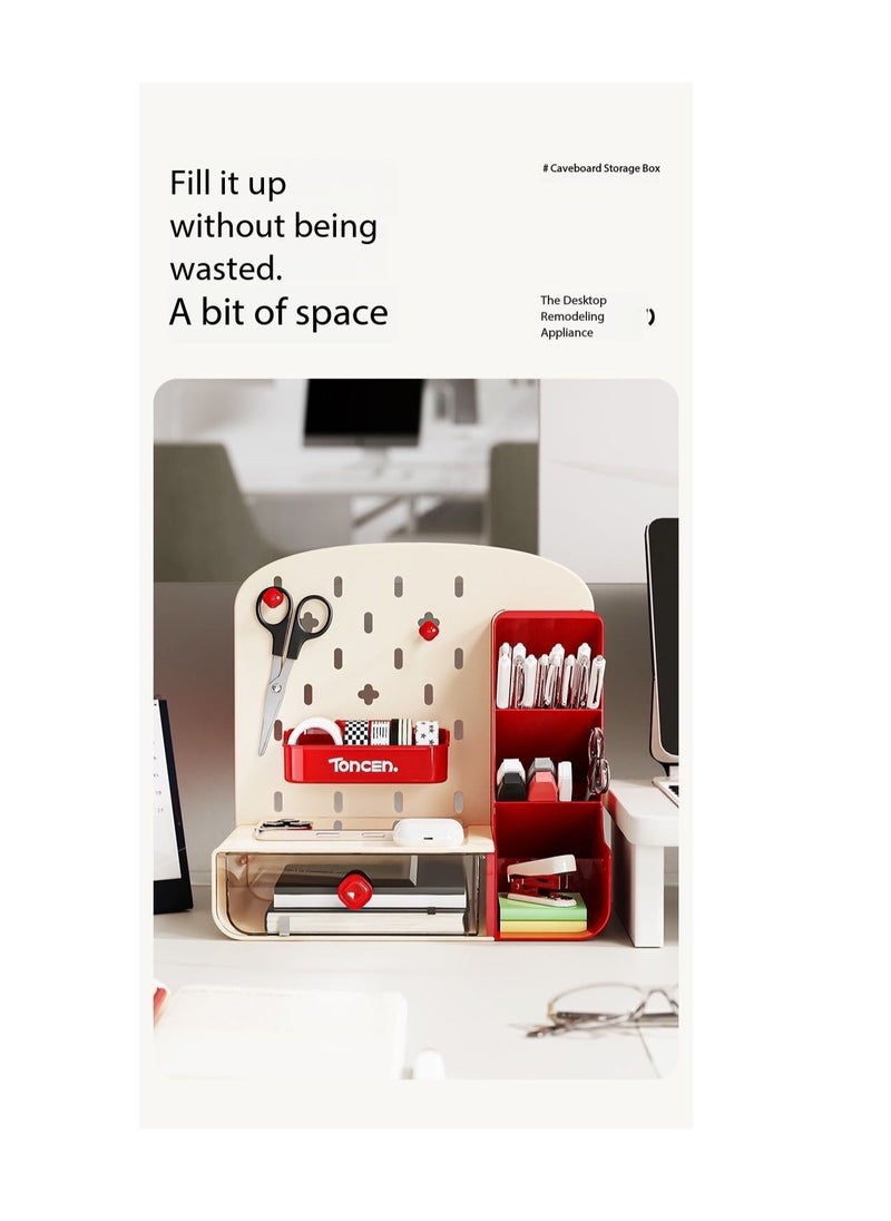Trendy Multifunctional Desktop Organizer | Pegboard Hanging Design + Open Shelves & Drawers | Pen Holder, Makeup Cosmetics & Stationery Storage | Perfect for Bedroom Desks, Vanity Tables & Study Spaces | Space-Saving Solution for Dorms & Small Rooms（Red）