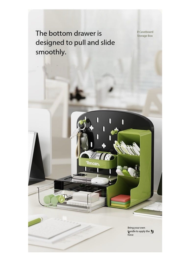 Trendy Multifunctional Desktop Organizer | Pegboard Hanging Design + Open Shelves & Drawers | Pen Holder, Makeup Cosmetics & Stationery Storage | Perfect for Bedroom Desks, Vanity Tables & Study Spaces | Space-Saving Solution for Dorms & Small Rooms（Red）