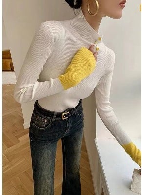 Womens Long Sleeve Polo/Turtle Neck Knitted Top Color Blocking Wool Material Pullover Base Layer Slimming Effect Autumn/Winter Mocha Brown