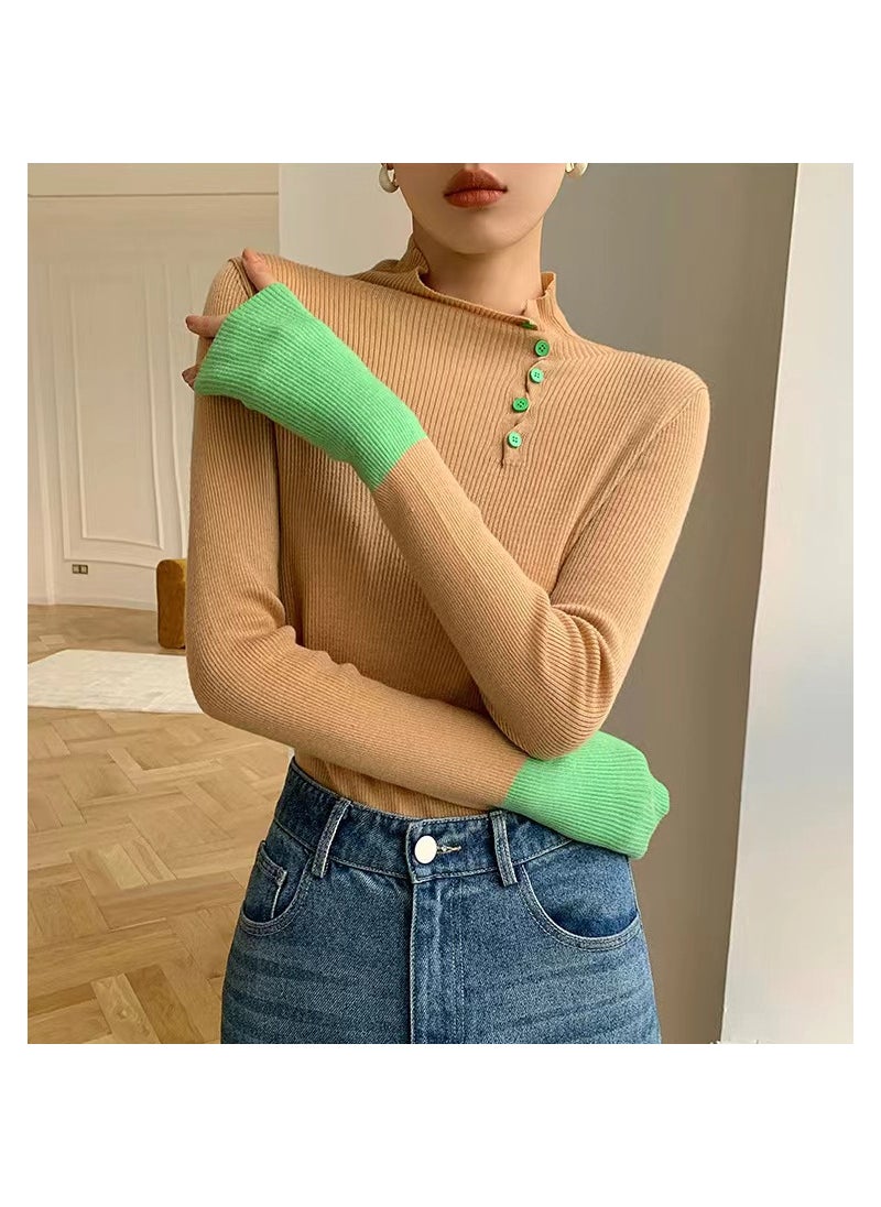 Womens Long Sleeve Polo/Turtle Neck Knitted Top Color Blocking Wool Material Pullover Base Layer Slimming Effect Autumn/Winter Mocha Brown