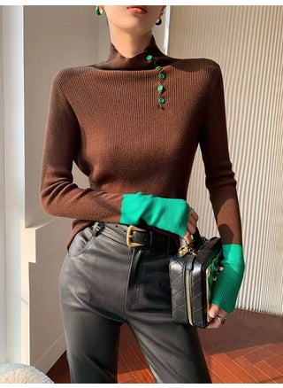Womens Long Sleeve Polo/Turtle Neck Knitted Top Color Blocking Wool Material Pullover Base Layer Slimming Effect Autumn/Winter Mocha Brown - pzsku/Z4AB9C20E5F57B0690B07Z/45/1746194701/91b7480c-0797-4e30-acd5-361352bd2c41
