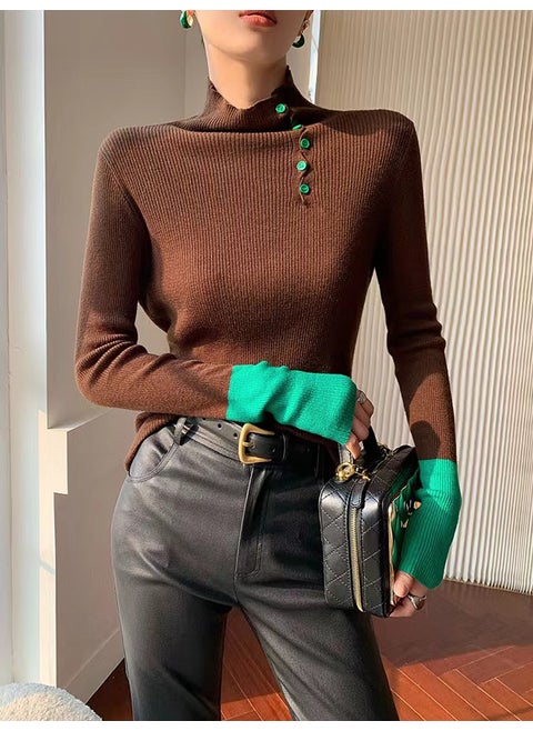 Womens Long Sleeve Polo/Turtle Neck Knitted Top Color Blocking Wool Material Pullover Base Layer Slimming Effect Autumn/Winter Mocha Brown