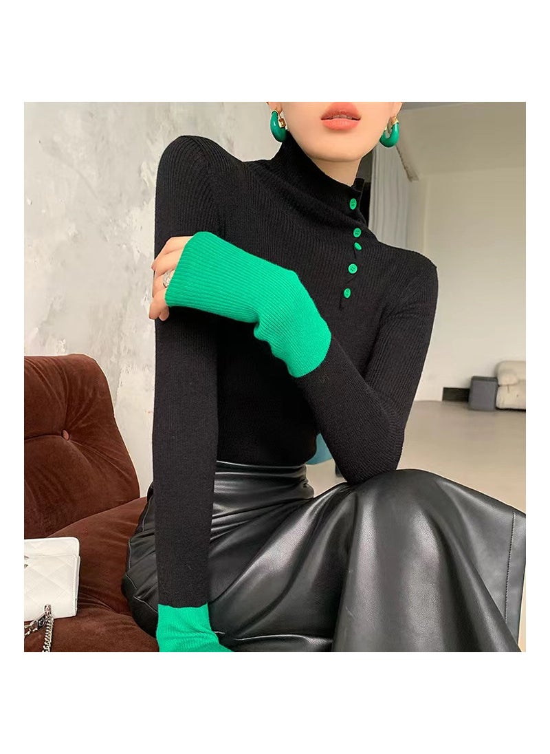 Womens Long Sleeve Polo/Turtle Neck Knitted Top Color Blocking Wool Material Pullover Base Layer Slimming Effect Autumn/Winter Mocha Brown