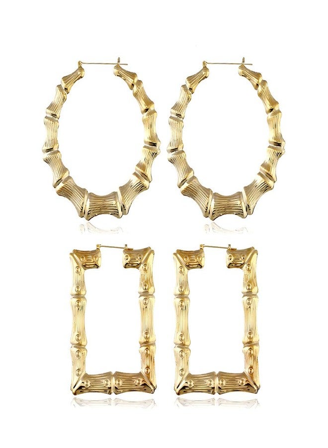 HUNO 2 Pairs Large Bamboo Hoop Earrings Set Gold Plated Exaggerated Big Statement Hip-Hop Geometric Earrings for Women Girls-gold - Image 1