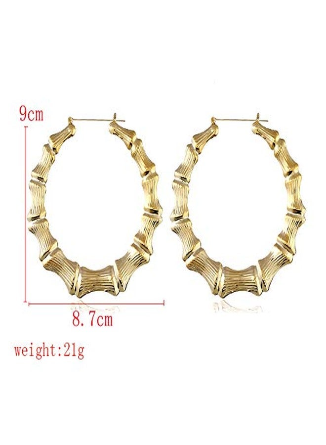 HUNO 2 Pairs Large Bamboo Hoop Earrings Set Gold Plated Exaggerated Big Statement Hip-Hop Geometric Earrings for Women Girls-gold - Image 4