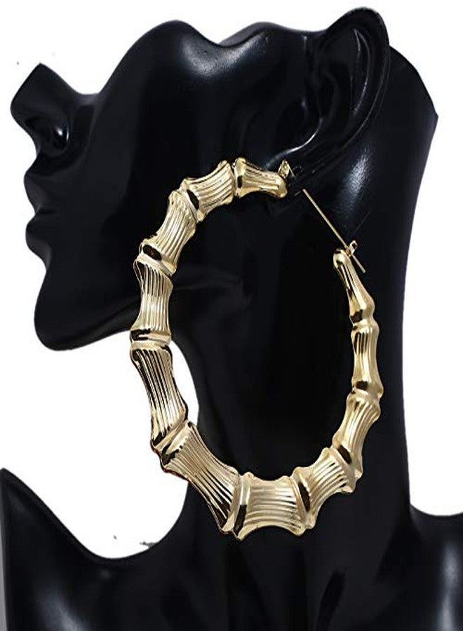 HUNO 2 Pairs Large Bamboo Hoop Earrings Set Gold Plated Exaggerated Big Statement Hip-Hop Geometric Earrings for Women Girls-gold - Image 5