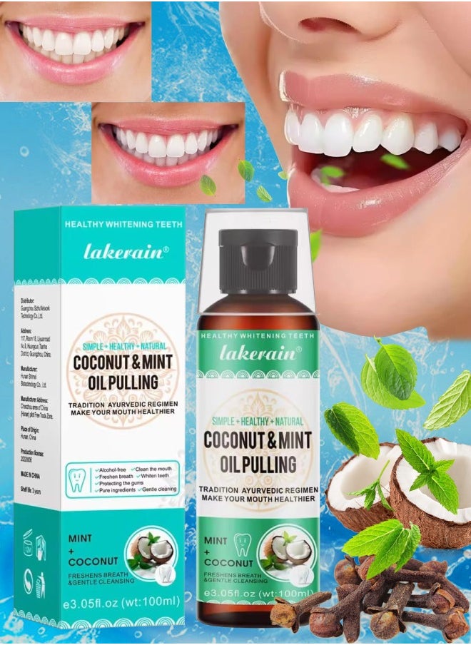lakerain 100ml Coconut Oil and Peppermint Oil Pulling Whitening Mouthwash Teeth Whitening Oil Pulling Mouthwash Natural Coconut Oil Pulling for Healthier Teeth and Gum Fresh Breath With 7 Natural Pulling Oil  - Image 1