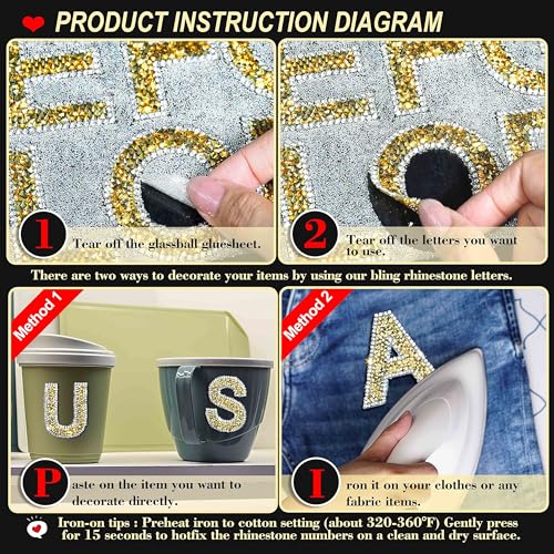 Locacrystal 34Pcs Rhinestone Letter Stickers Bling Glitter Alphabet A-Z Letters Self-Adhesive Crystal Rhinestones Word Sticker Iron on Letters for Clothing Art Crafts DIY Decors(Gold+White,2.24") - Image 3
