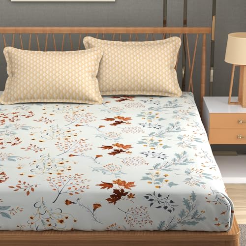 FRESH FROM LOOM Floral XXL Microfiber Soft Cotton Bedsheet King Size |Hypoallergenic Bedsheet for Double Bed | 240 TC Anti Fade Printed Bed Cover with 2 Pillow Cover (108x108 inches, Shell White) - Image 1
