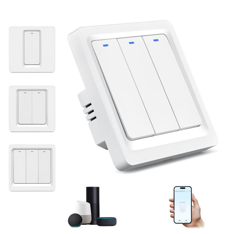 Pohaytipe WiFi Smart Light Switch, No Neutral Wire Required, Smart Wall Switch with Remote Control, Voice Control and Timer, Compatible with Alexa and Google Assistant, Easy Installation (3 Gang, Single L Wire) - Image 1
