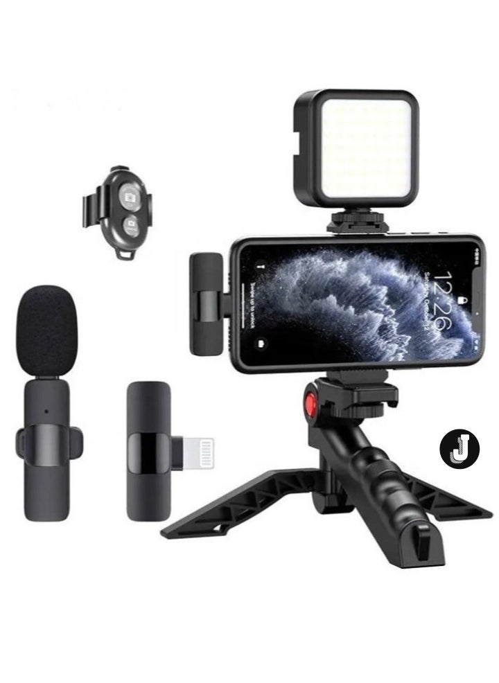 JAJEEK NEW Professional Vlogging Kit – Remote Control, Foldable Tripod, LED Lamp, & Wireless Lavalier Microphone for iPhone  - Image 1
