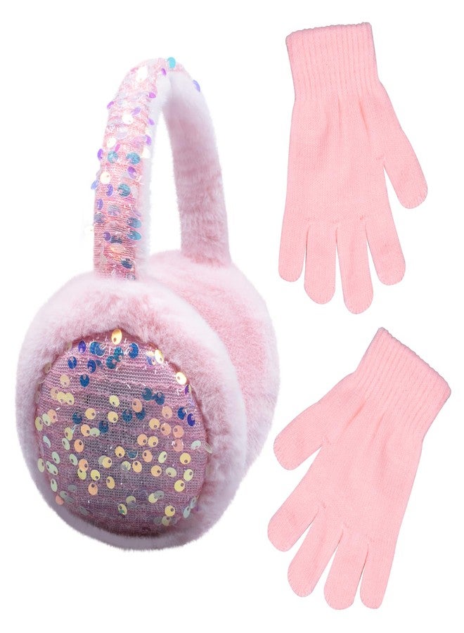 EDCYF Ear Muffs Gloves Set for Kids Girls Winter Ear Muffs Adjustable Sequins Warm Earmuffs Furry Outdoor - Image 1