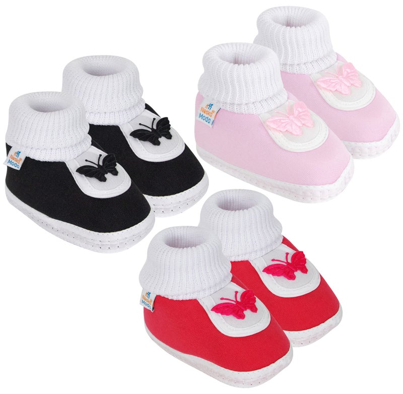 Neska Moda Unisex Set Of 3 Pair Booties for 6 to 12 Months (Black,Red,Pink) - Image 1