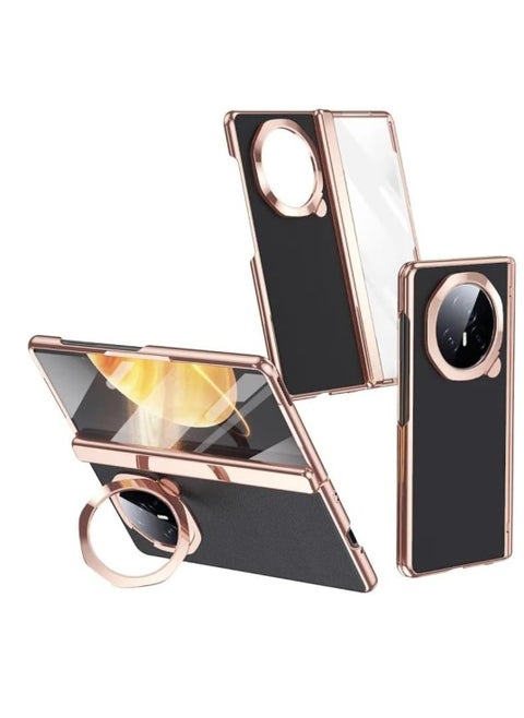 Case Compatible with Honor Magic V3 Case, [Built-in Screen Protector] Plating Frame Plain Leather Case Lens Kickstand All-inclusive Hinge Protective Cover