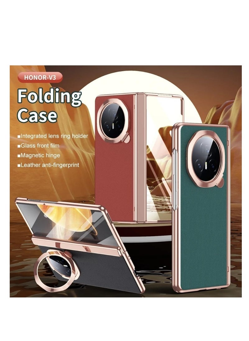 Case Compatible with Honor Magic V3 Case, [Built-in Screen Protector] Plating Frame Plain Leather Case Lens Kickstand All-inclusive Hinge Protective Cover