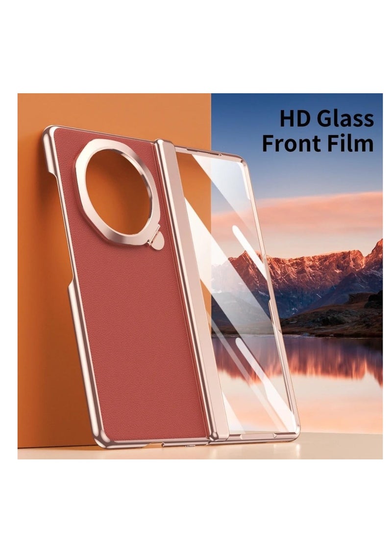 Case Compatible with Honor Magic V3 Case, [Built-in Screen Protector] Plating Frame Plain Leather Case Lens Kickstand All-inclusive Hinge Protective Cover