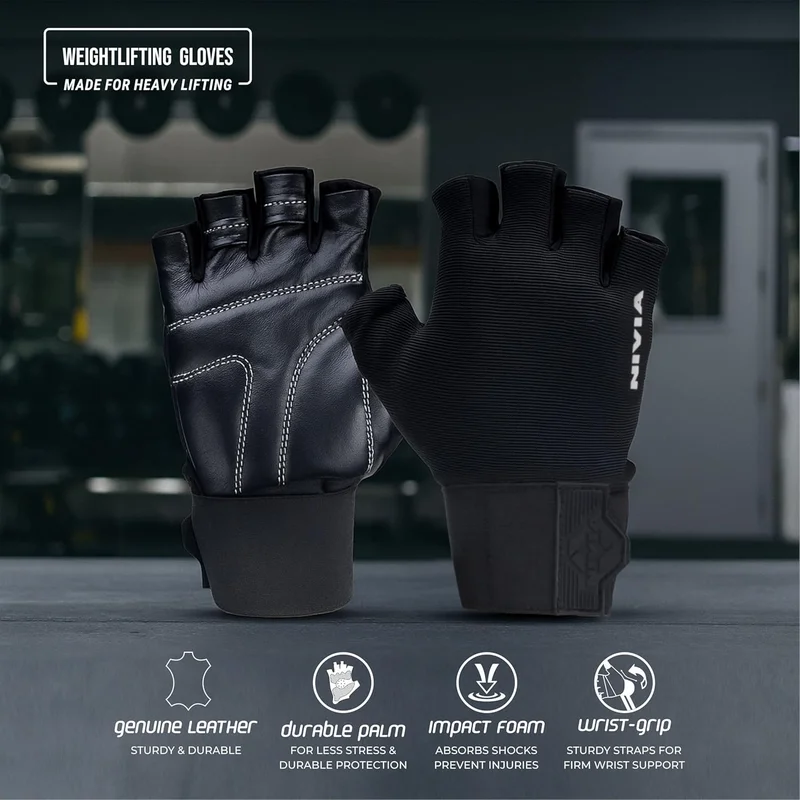 نيفيا Nivia Scorpion Genuine Leather Gym Gloves for Weightlifting and Cross-Training - Adjustable Wrist Support, Anti-Slip Padded Palm, Size S, Black