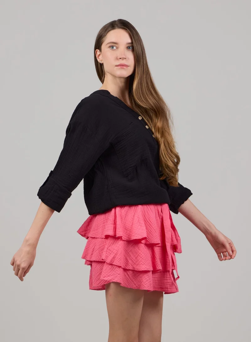 Just Nature Black Relaxed V-Neck Long Sleeve Top for Women | Best Price UAE
