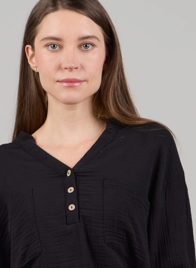 Just Nature Black Relaxed V-Neck Long Sleeve Top for Women | Best Price UAE