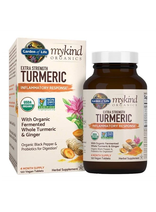 Garden of Life مكمل غذائي عضوي من مايكيند أورجانيكس - قوة إضافية من الكركم للاستجابة الالتهابية 120 قرص - 100 ملغ كركمين (95% كركمينويد) فلفل أسود، بروبيوتيك، نباتي، خالي من الجلوتين - Image 1