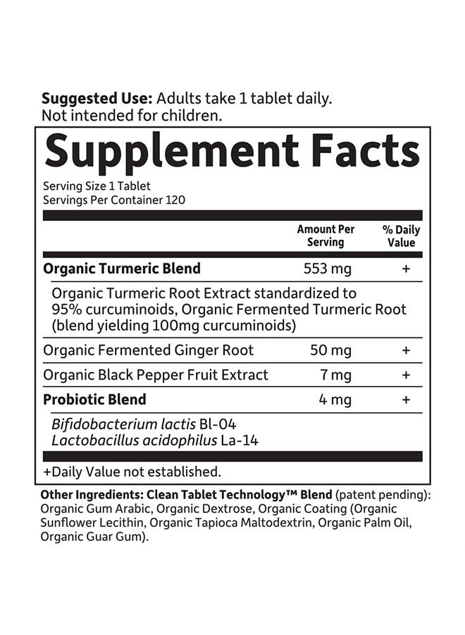 Garden of Life مكمل غذائي عضوي من مايكيند أورجانيكس - قوة إضافية من الكركم للاستجابة الالتهابية 120 قرص - 100 ملغ كركمين (95% كركمينويد) فلفل أسود، بروبيوتيك، نباتي، خالي من الجلوتين - Image 4