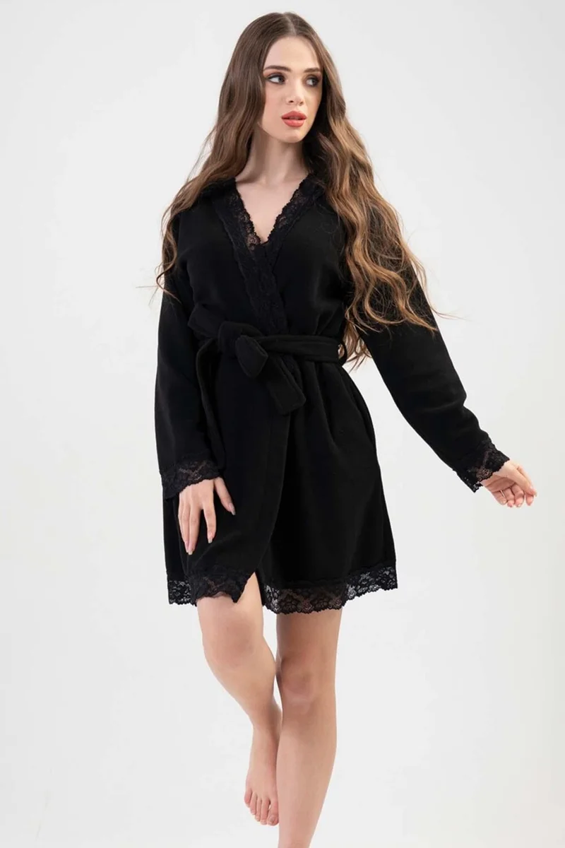 فينيتا 203045-0000 Women's Short Black Fleece Dressing Gown