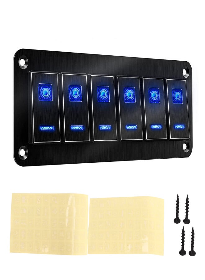 6 Gang Rocker Switch Panel Waterproof Blue Backlit Aluminum Alloy Anodize Black for Car Truck RV Boat DC12V‑24V - Image 1