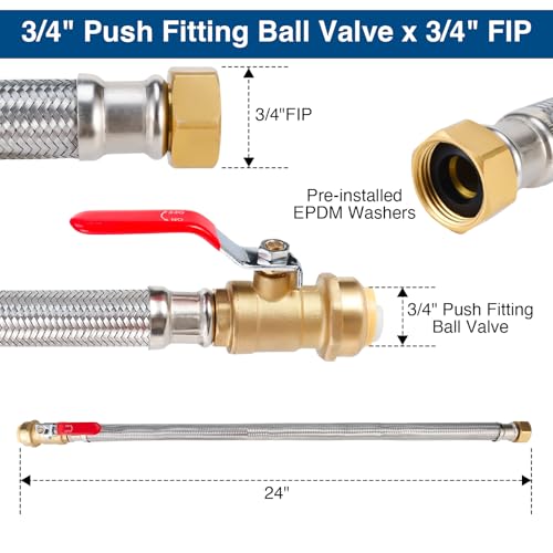 PevePexe Heavy Duty 24" Braided Stainless Steel Hot Water Heater Hose – 3/4 Inch FIP x 3/4 Inch Ball Valve, Push-to-Connect Brass Fitting - Image 2