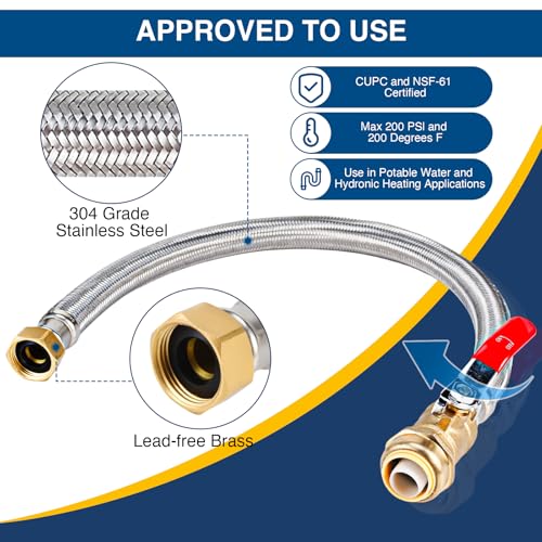 PevePexe Heavy Duty 24" Braided Stainless Steel Hot Water Heater Hose – 3/4 Inch FIP x 3/4 Inch Ball Valve, Push-to-Connect Brass Fitting - Image 4