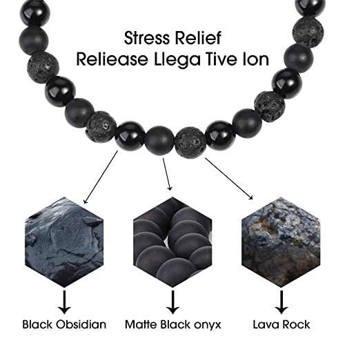 CARITATE Black Beaded Bracelets for Men Boys - 6mm Obsidian Onyx Lava Beads Mens Bracelet Set Mens Jewelry - Cool Anniversary Valentines Fathers Birthday Gifts for Him Boyfriend Husband Man Son Dad - Image 3