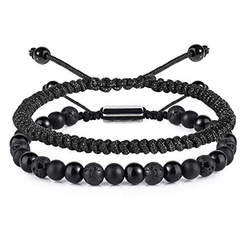 CARITATE Black Beaded Bracelets for Men Boys - 6mm Obsidian Onyx Lava Beads Mens Bracelet Set Mens Jewelry - Cool Anniversary Valentines Fathers Birthday Gifts for Him Boyfriend Husband Man Son Dad - Image 1