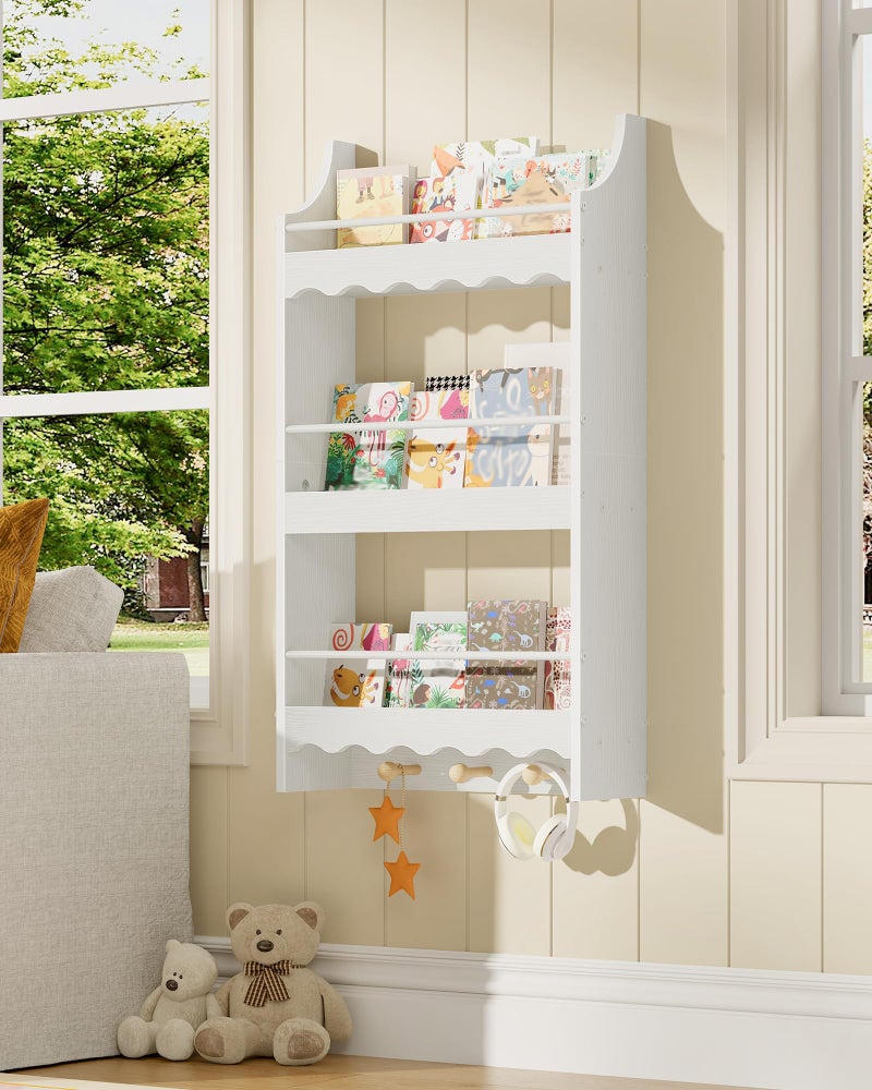 CHOEZON Wall Bookshelf for Kids, 3-Tier Kids Bookshelf for Wall, Floating Book Shelves with 3 Hooks & Guardrails, for Kids' Room, Living Room, Nursery, White and Natural MCW43WB - Image 1