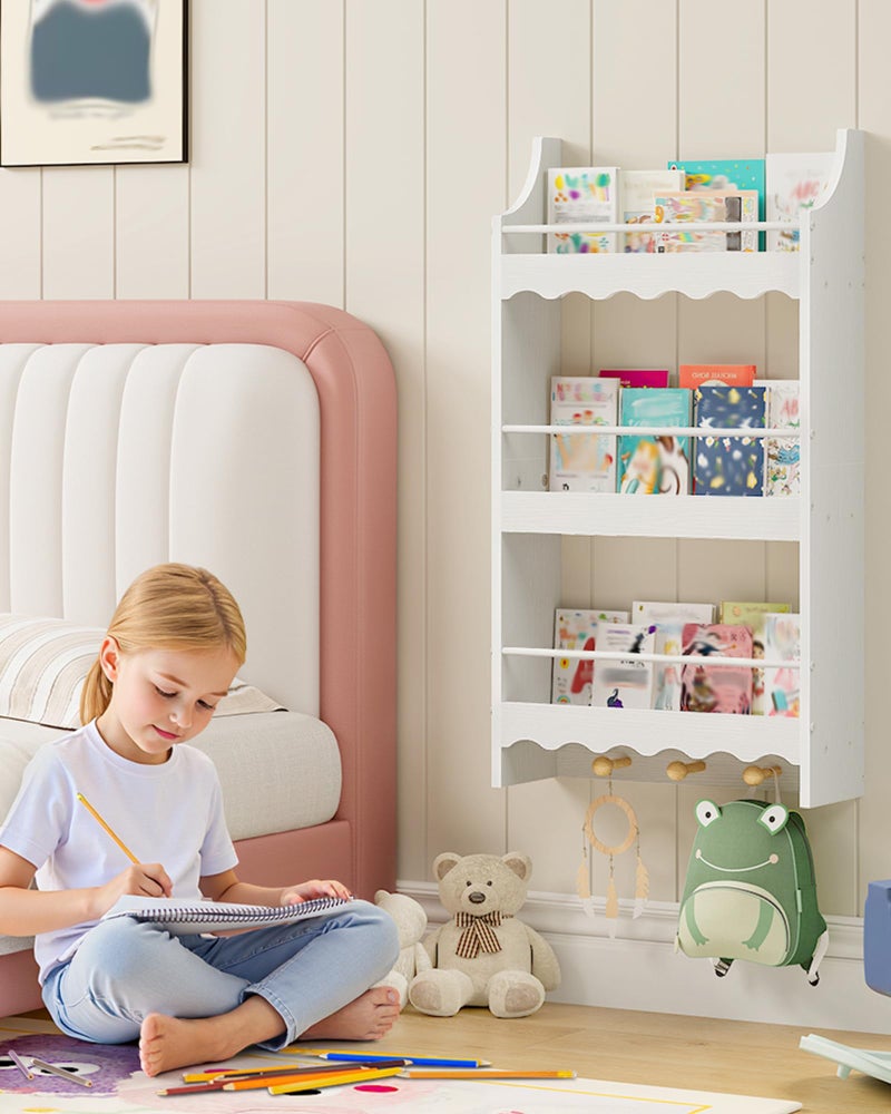 CHOEZON Wall Bookshelf for Kids, 3-Tier Kids Bookshelf for Wall, Floating Book Shelves with 3 Hooks & Guardrails, for Kids' Room, Living Room, Nursery, White and Natural MCW43WB - Image 4