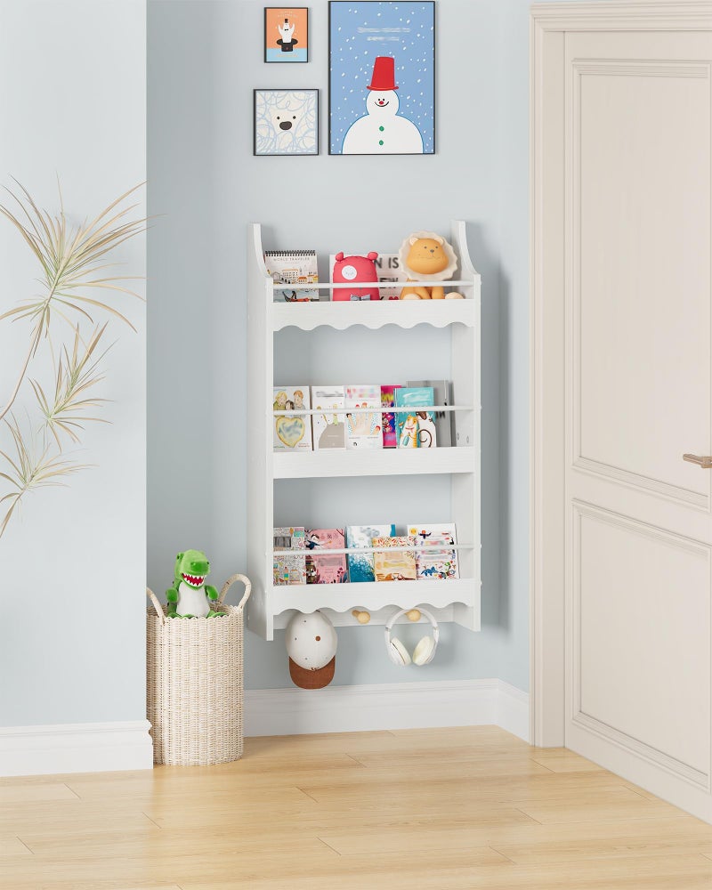 CHOEZON Wall Bookshelf for Kids, 3-Tier Kids Bookshelf for Wall, Floating Book Shelves with 3 Hooks & Guardrails, for Kids' Room, Living Room, Nursery, White and Natural MCW43WB - Image 5
