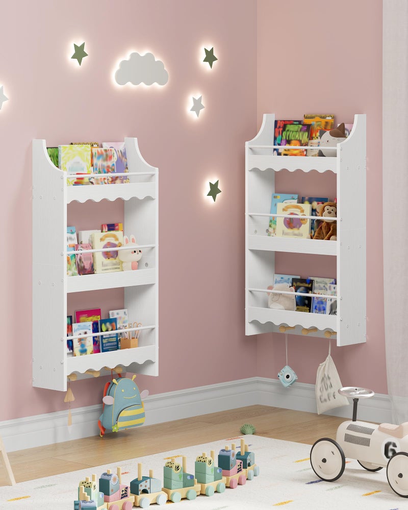 CHOEZON Wall Bookshelf for Kids, 3-Tier Kids Bookshelf for Wall, Floating Book Shelves with 3 Hooks & Guardrails, for Kids' Room, Living Room, Nursery, White and Natural MCW43WB - Image 2